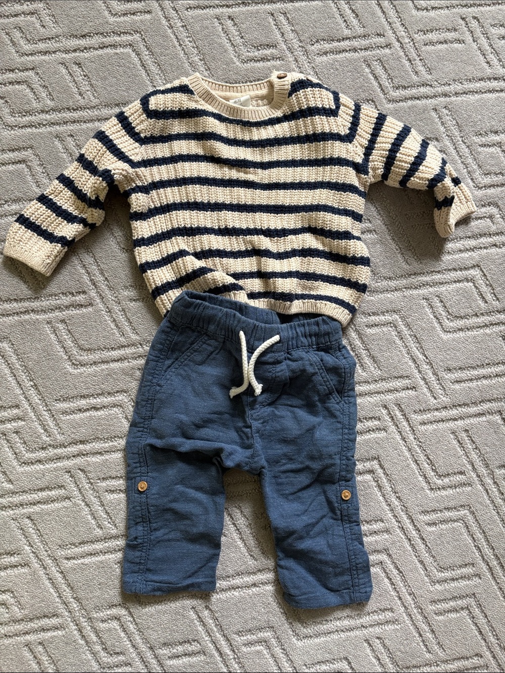 H&M Cream and Navy Striped Sweater with Blue Pants Kids Matching Set